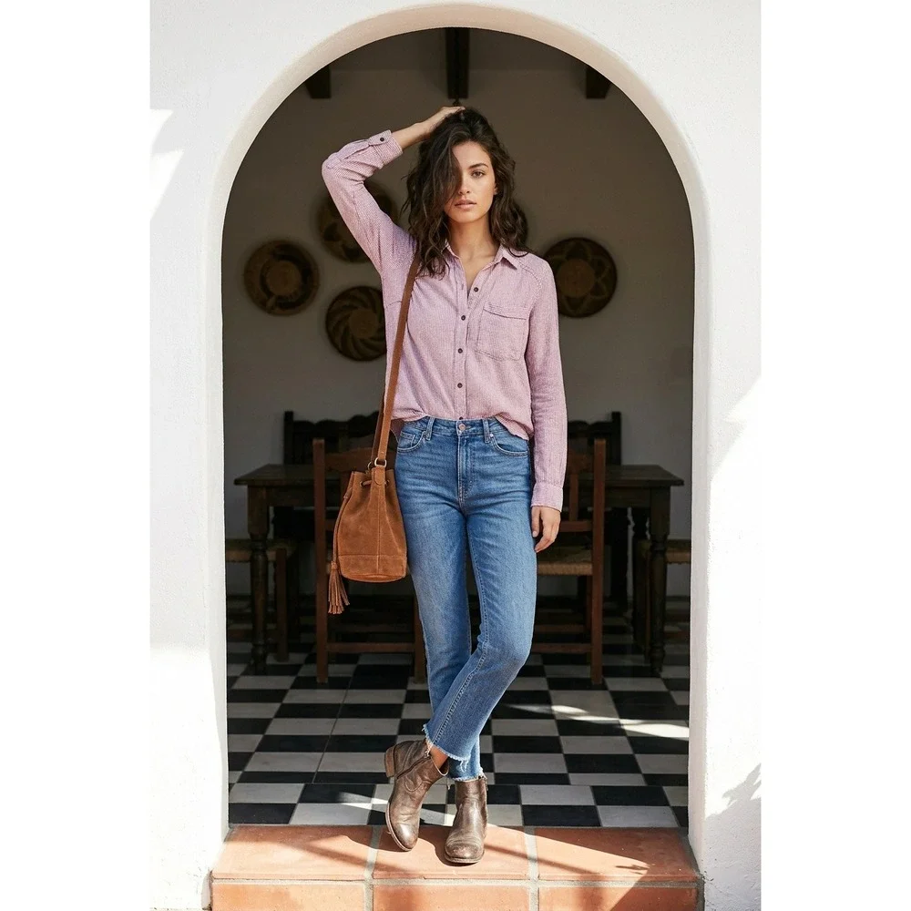 Free People Size XS Crinkle Gauze Button Up Mauve Pink Stripe Cotton Coastal XS